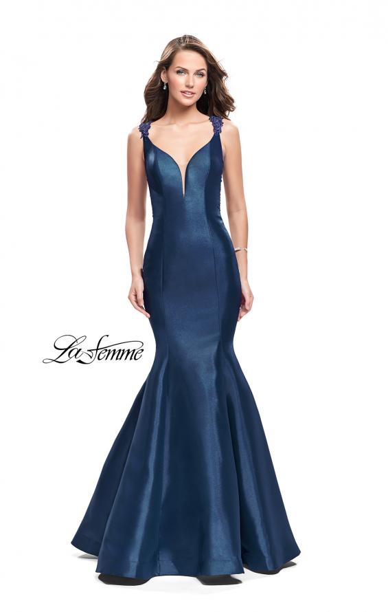 Picture of: Long Mikado Mermaid Gown with Lace Straps in Navy, Style: 25972, Back Picture