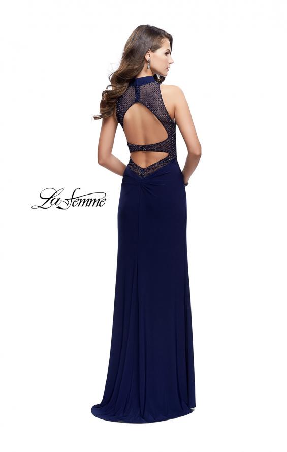 Picture of: Long Form Fitting Prom Gown with Sheer Beaded Detail in Navy, Style: 26004, Back Picture