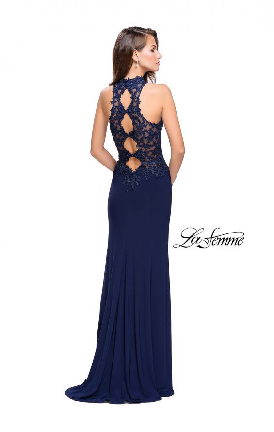 Picture of: Sheer Lace and Beaded Prom Dress with High Neck in Navy, Style: 26038, Back Picture