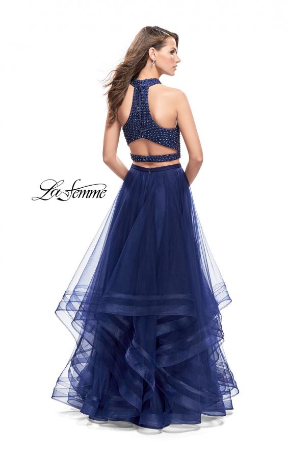 Picture of: Two Piece Prom Gown with Ruffle Tulle Skirt and Beading in Navy, Style: 26077, Back Picture