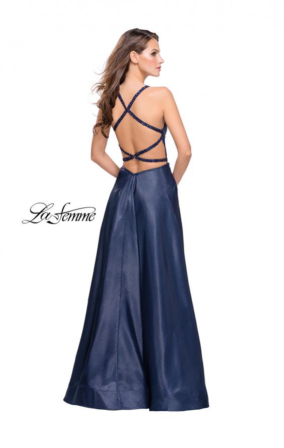 Picture of: Long A-line Beaded Mikado Prom Dress with Pockets in Navy, Style: 26162, Back Picture