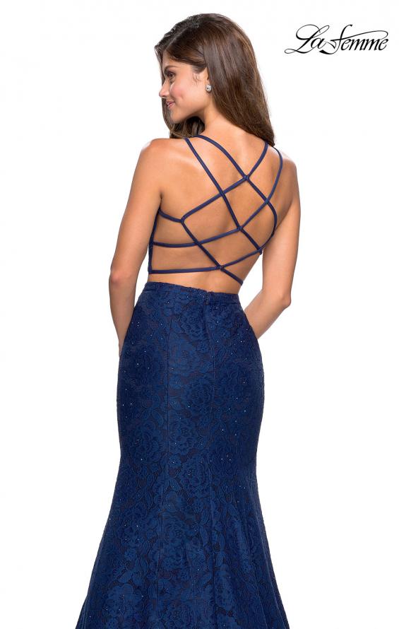Picture of: Two Piece Stretch Lace Prom Dress with Strappy Back in Navy, Style: 27452, Back Picture