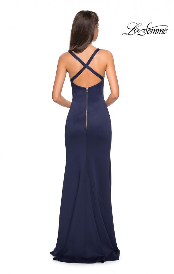 Picture of: Long Jersey Gown with Size Ruching and Slit in Navy, Style: 27470, Back Picture