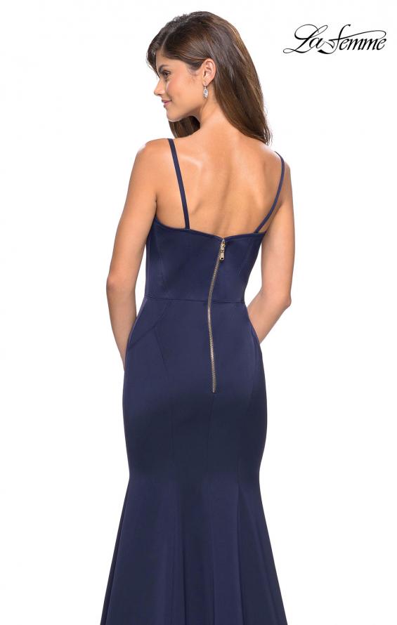 Picture of: Fitted Long Dress with Seams and Large Gold Zipper in Navy, Style: 27524, Back Picture