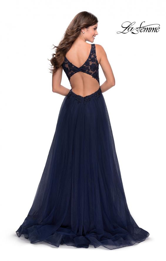 Picture of: Pretty A-line Prom Dress with Sheer Floral Bodice in Navy, Style: 28680, Back Picture