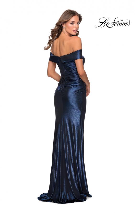 Picture of: Metallic Jersey Long Off the Shoulder Prom Dress in Navy, Style: 28740, Back Picture