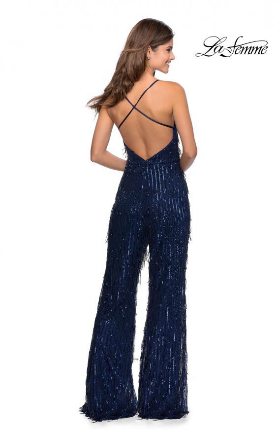 Picture of: Fringe Sequin Jumpsuit with V-Neckline in Navy, Style: 28864, Back Picture