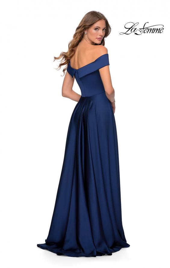 Picture of: Satin Off the Shoulder Evening Dress with Pockets in Navy, Style: 28978, Back Picture
