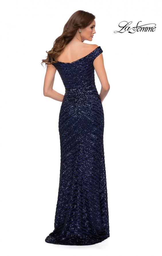 Picture of: Off the Shoulder Sequin Long Dress with Skirt Slit in Navy, Style 29653, Back Picture