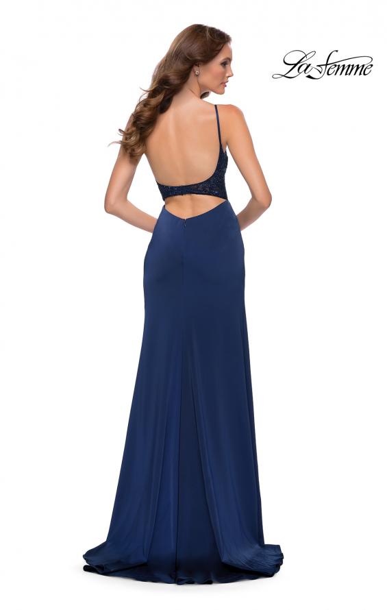 Picture of: Satin Dress with Sheer Lace Bodice and Slit in Navy, Style 29888, Back Picture