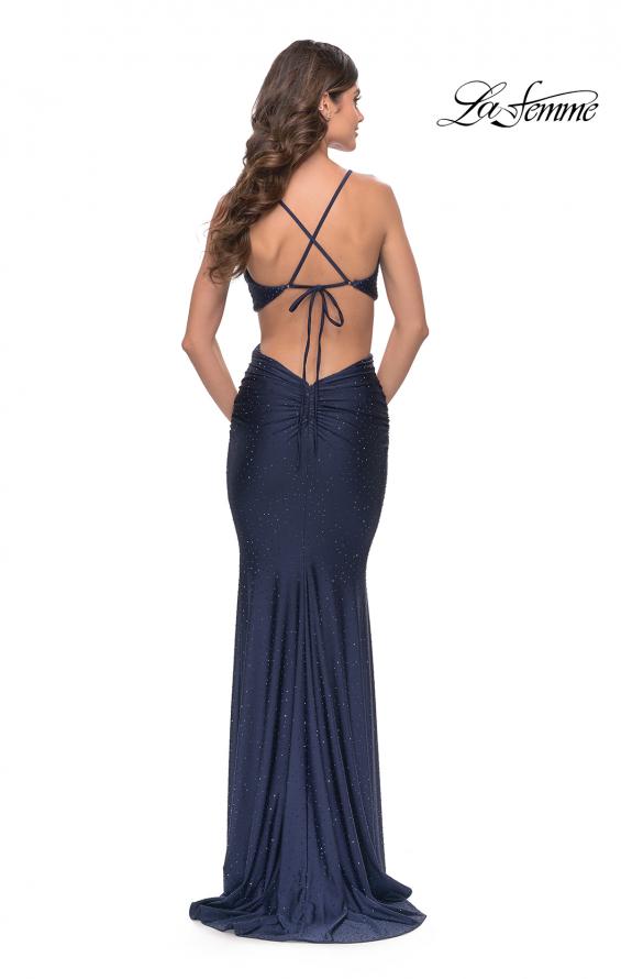 Picture of: Twist Front Cut Out Rhinestone Jersey Dress in Navy, Style: 31339, Back Picture