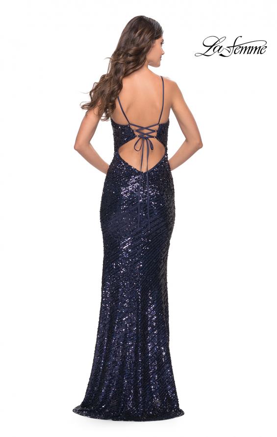 Picture of: Long Sequin Dress with Lace Up Strappy Back in Navy, Style: 31518, Back Picture