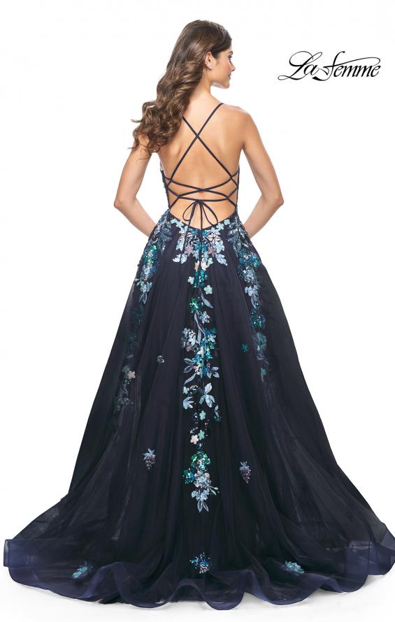 Picture of: Gorgeous Sequin Floral Lace Applique A-Line Tulle Prom Dress in Navy, Style: 32023, Back Picture