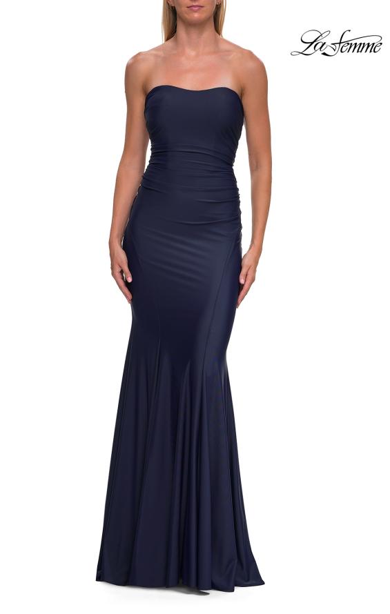 Picture of: Strapless Fitted Jersey Evening Gown with Ruching in Navy, Style: 33403, Detail Picture 18