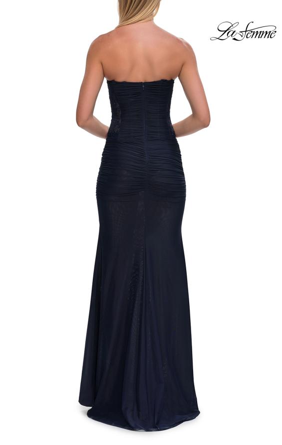 Blue Picture of: Strapless Mesh Evening Gown with Ruching and Sheer Beaded Back in Navy, Style: 33431, Detail Picture 18