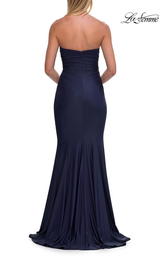Picture of: Strapless Fitted Jersey Evening Gown with Ruching in Navy, Style: 33403, Detail Picture 19