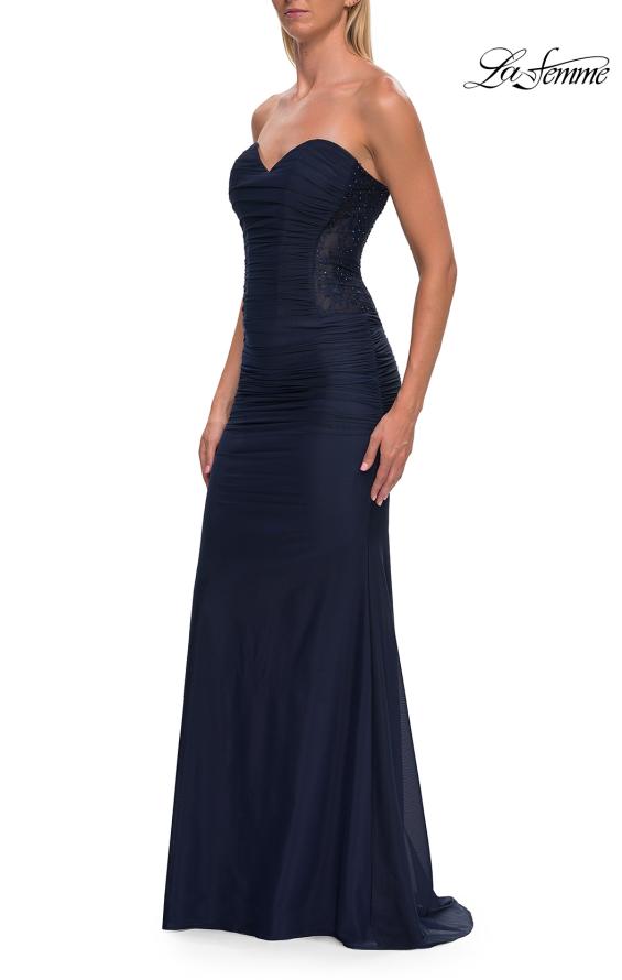 Blue Picture of: Strapless Mesh Evening Gown with Ruching and Sheer Beaded Back in Navy, Style: 33431, Detail Picture 19