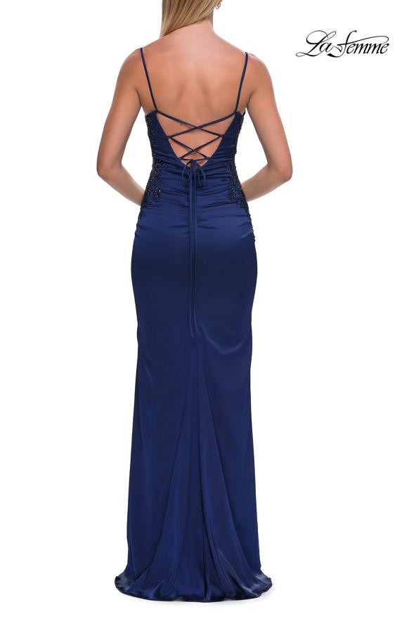 Picture of: Illusion Lace Side Satin Gown with Lace-Up Back in Navy, Style: 33697, Detail Picture 19