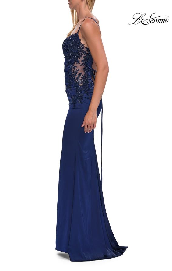 Picture of: Illusion Lace Side Satin Gown with Lace-Up Back in Navy, Style: 33697, Detail Picture 20