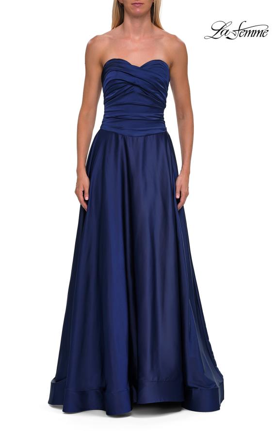 Blue Picture of: Strapless Satin A-Line Gown with Draped Bodice and High Slit in Navy, Style: 33417, Detail Picture 22