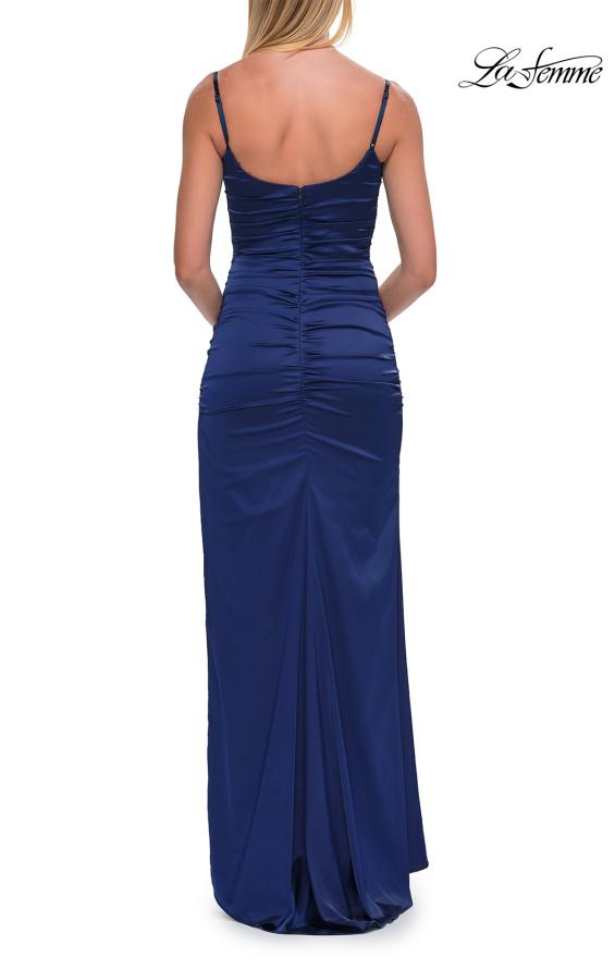 Picture of: Satin Fitted Gown with High Slit and Adjustable Spaghetti Straps in Navy, Style: 33413, Detail Picture 25