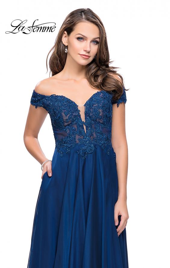 Picture of: Chiffon Prom Dress with Off the Shoulder Lace Top in Navy, Style: 25129, Detail Picture 1, Detail Picture 1