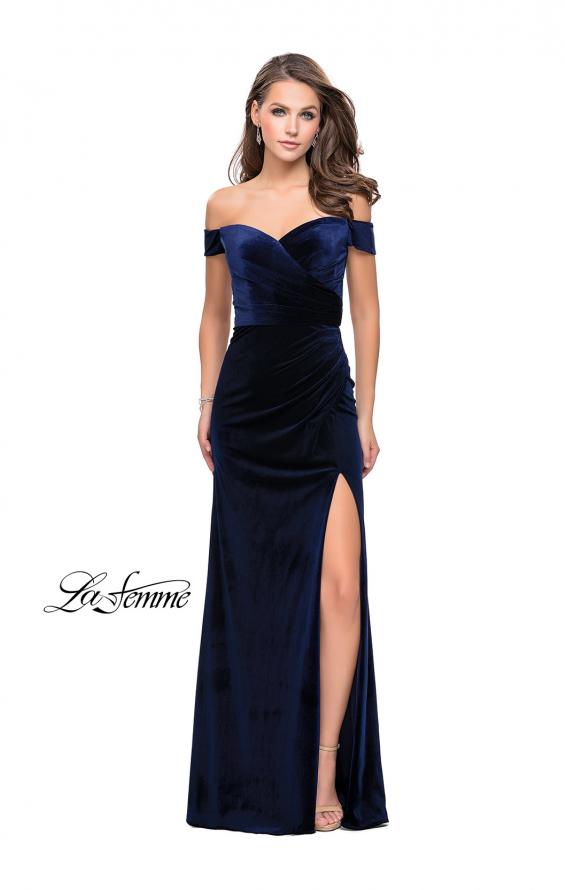 Picture of: Off the Shoulder Mermaid Gown with Strappy Back and Train in Navy, Style: 25213, Detail Picture 1