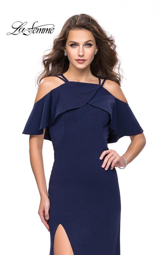 Picture of: Long Jersey Prom Dress with Off the Shoulder Ruffle Detail in Navy, Style: 25556, Detail Picture 1