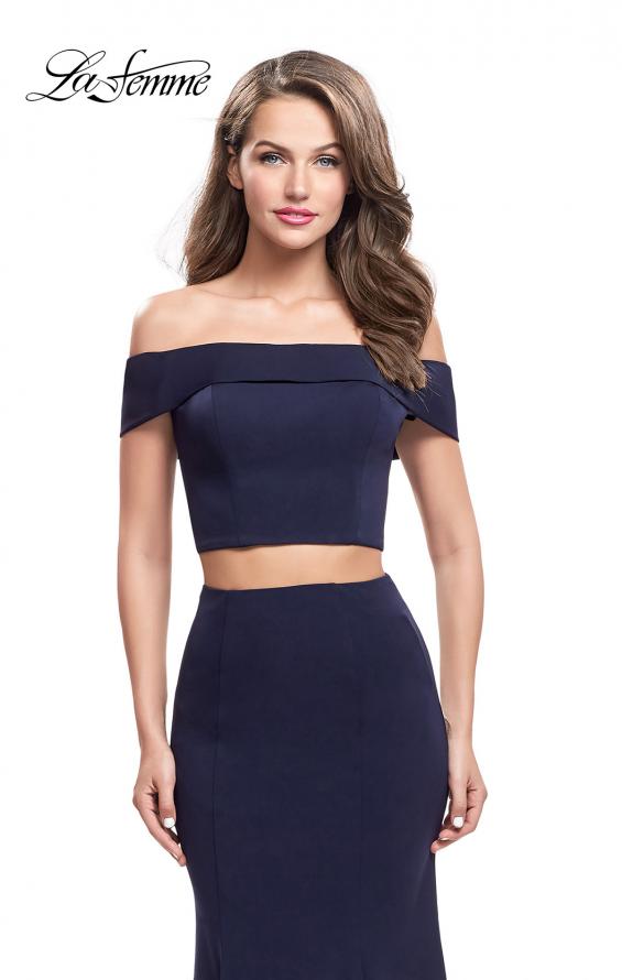 Picture of: Form Fitting Off the Shoulder Jersey Mermaid Dress in Navy, Style: 25578, Detail Picture 1
