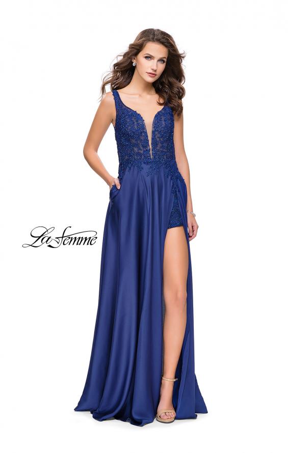 Picture of: Long Prom Dress with Beaded Lace Bodice and Open Back in Navy, Style: 25645, Detail Picture 1