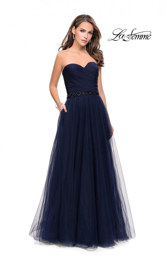 Picture of: Strapless A-line Ball Gown with Layered Tulle Skirt in Navy, Style: 25809, Detail Picture 1