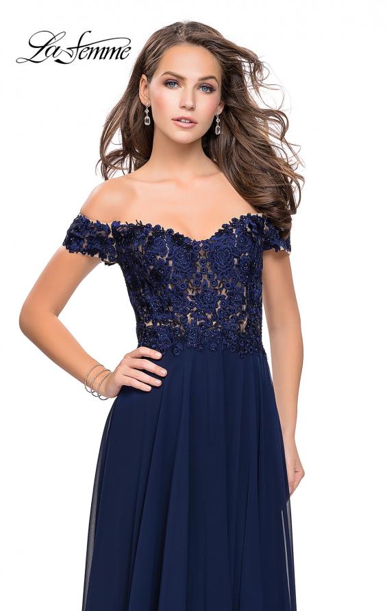 Picture of: Beaded Lace Off the Shoulder Prom Dress in Navy, Style: 26070, Detail Picture 1