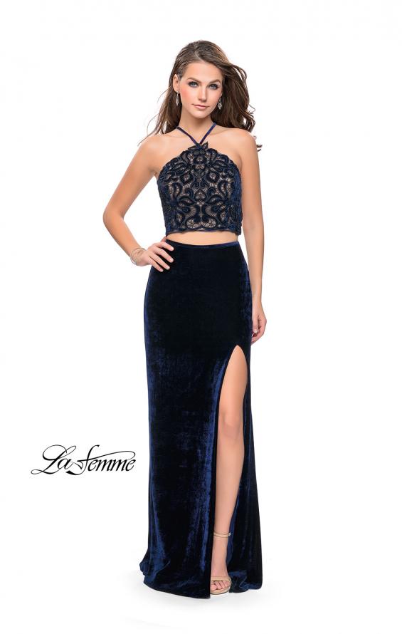 Picture of: Long Velvet Two Piece Prom Dress with Printed Bodice in Navy, Style: 26115, Detail Picture 1