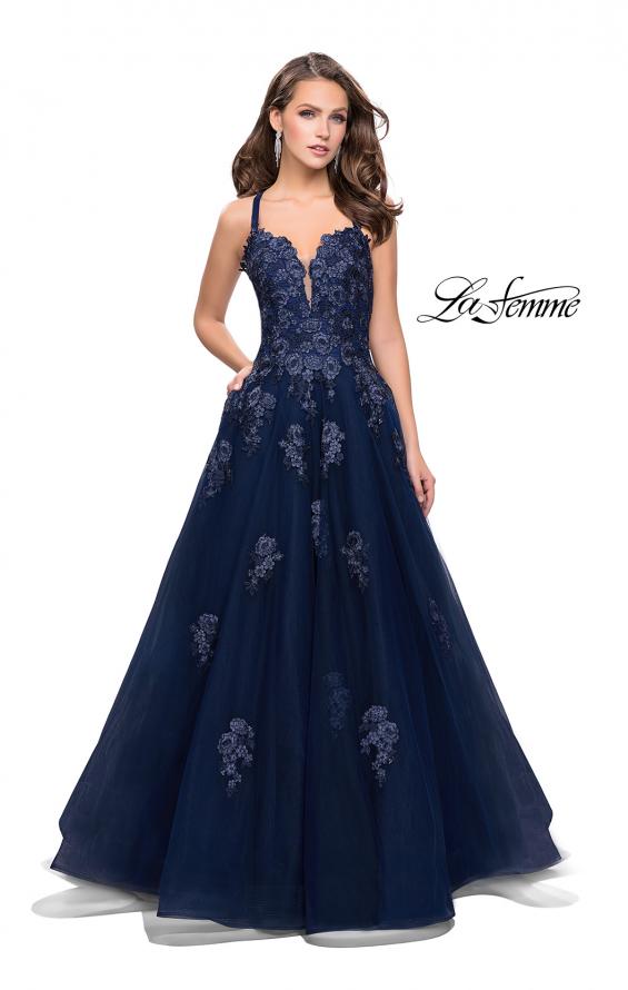 Picture of: Long Floral Lace Ball Gown with Tulle Skirt in Navy, Style: 26236, Detail Picture 1