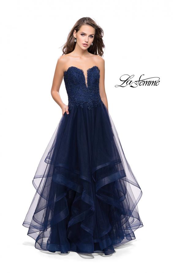 Picture of: Long Strapless Ball Gown with ruffle Tulle Skirt and Beads in Navy, Style: 26242, Detail Picture 1