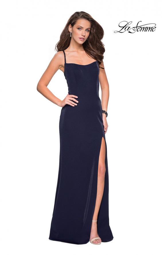 Picture of: Simple Long Prom Dress with Strappy Beaded Back in Navy, Style: 27089, Detail Picture 1