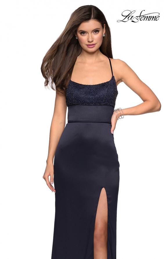 Picture of: Fitted Jersey Dress with Banded Waist and Beads in Navy, Style: 27274, Detail Picture 1