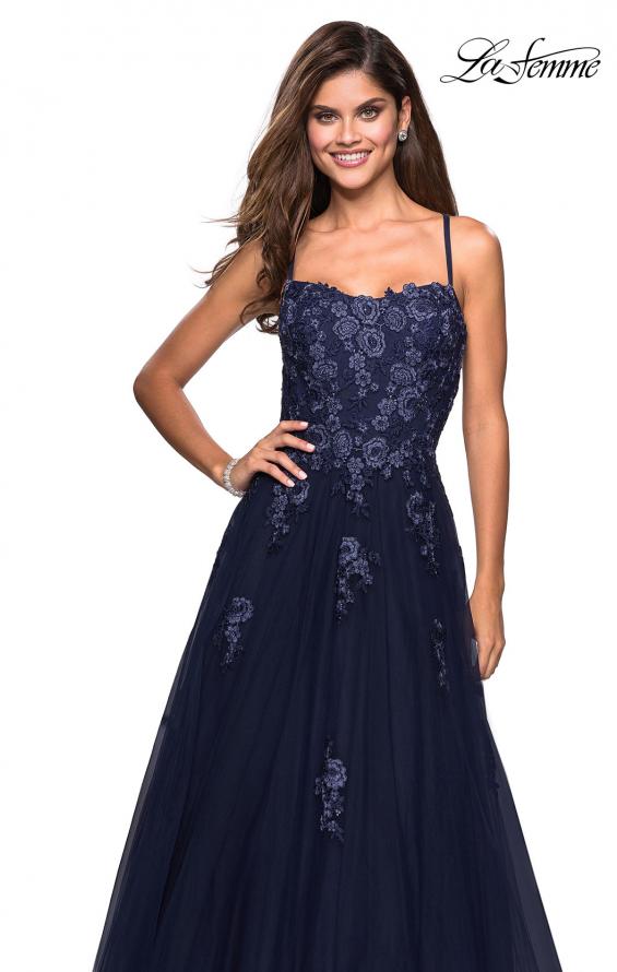 Picture of: Floor Length Tulle Ball Gown with Lace Accents In Navy, Style: 27441, Detail Picture 1