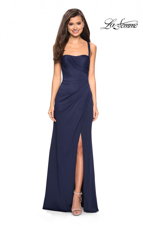 Picture of: Long Jersey Gown with Size Ruching and Slit in Navy, Style: 27470, Back Picture