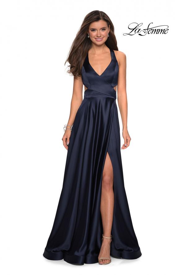Picture of: Metallic Satin Dress with Wrap Around Top and Pockets in Navy, Style: 27487, Back Picture