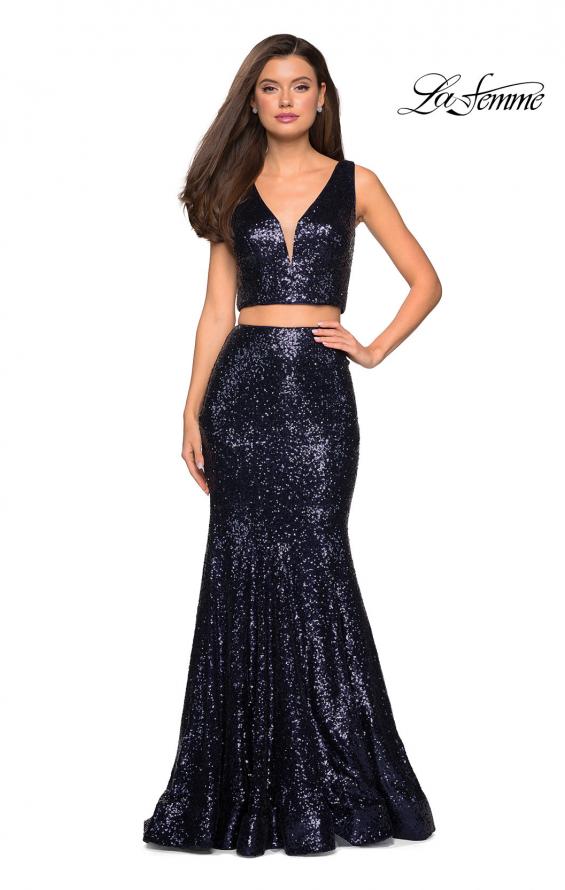 Picture of: Fully sequin Two Piece Floor Length Prom Gown in Navy, Style: 27590, Detail Picture 1