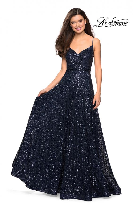 Picture of: sequin Empire Waist Prom Dress with V Back in Navy, Style: 27747, Detail Picture 1