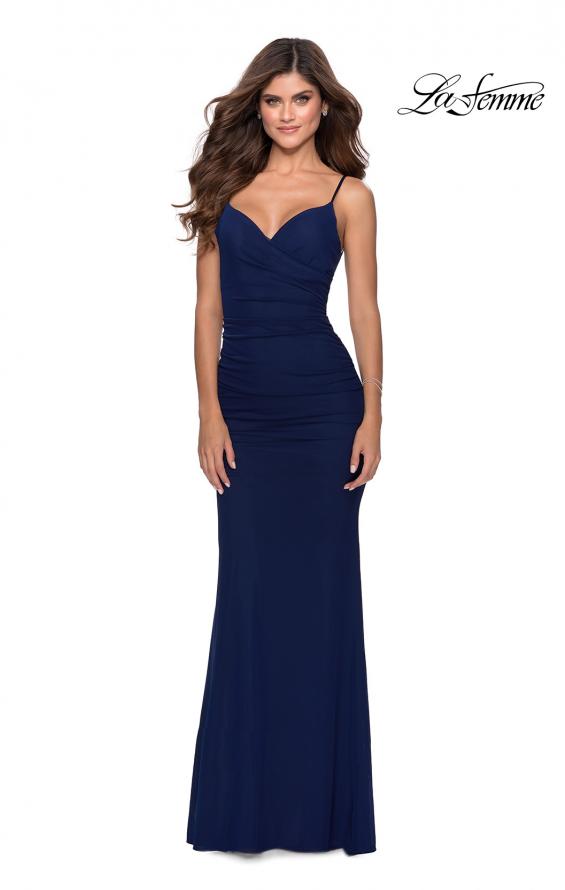 Picture of: Fitted Jersey Long Dress with Lace Up Back in Navy, Style: 28541, Detail Picture 1