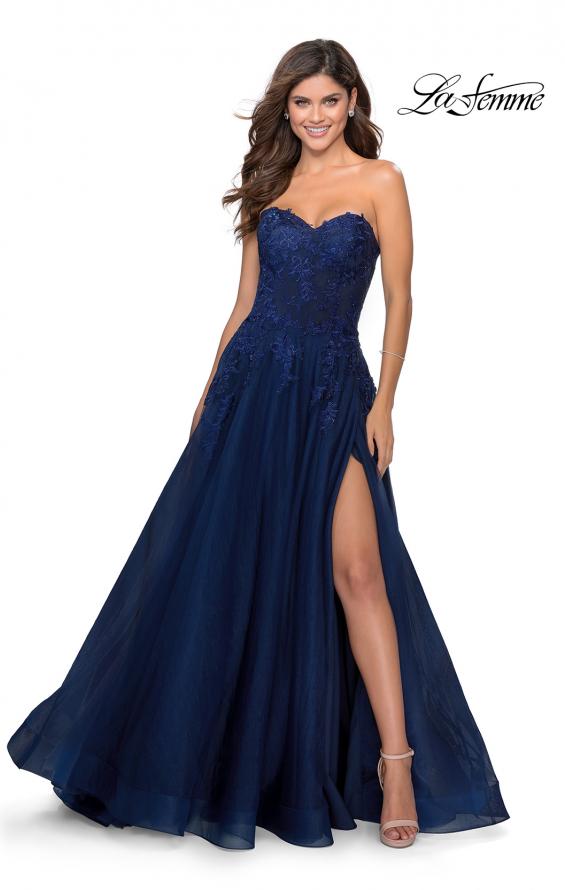 Picture of: Strapless Tulle Dress with Cascading Floral Detail in Navy, Style: 28599, Detail Picture 1