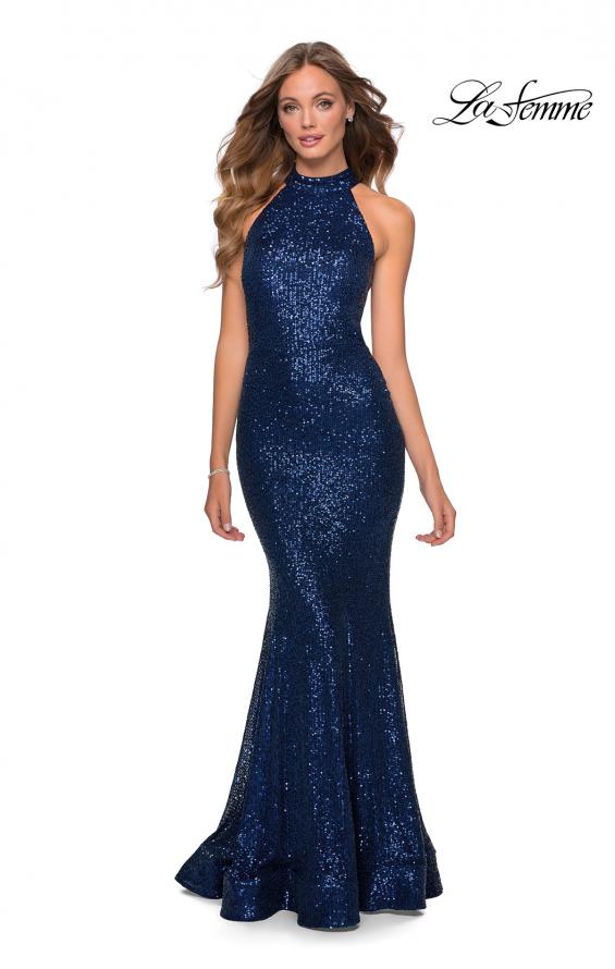 Picture of: Long Sequin Gown with High Neckline and Lace Back in Navy, Style: 28612, Detail Picture 1