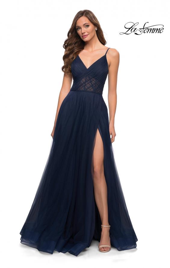 Picture of: A Line Tulle Prom Dress with Sheer Bodice in Navy, Style 29076, Detail Picture 1
