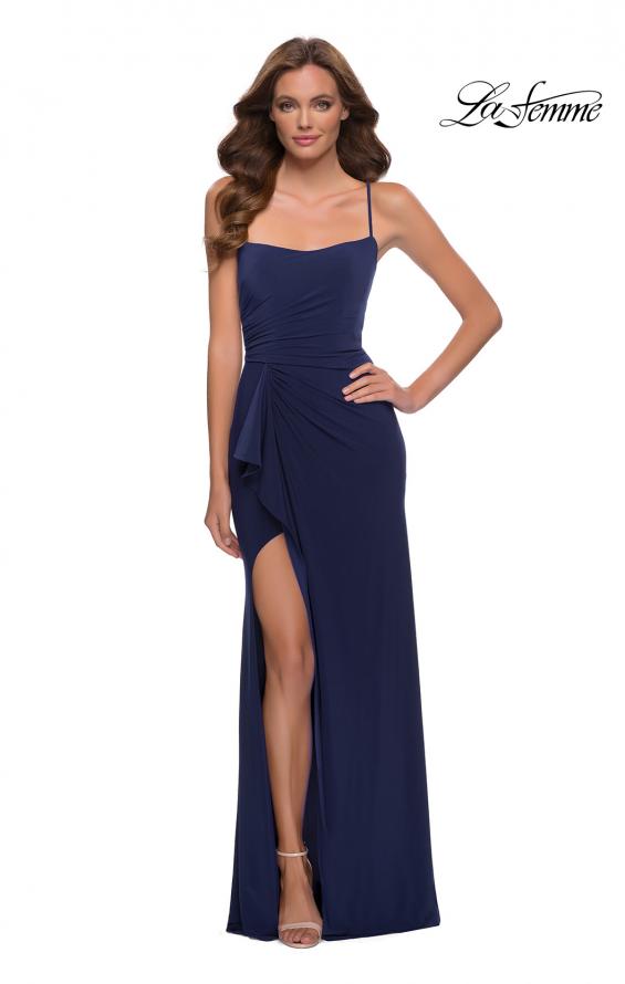 Picture of: Modern Jersey Dress with Ruffle Detail on Skirt in Navy, Style 29735, Detail Picture 1