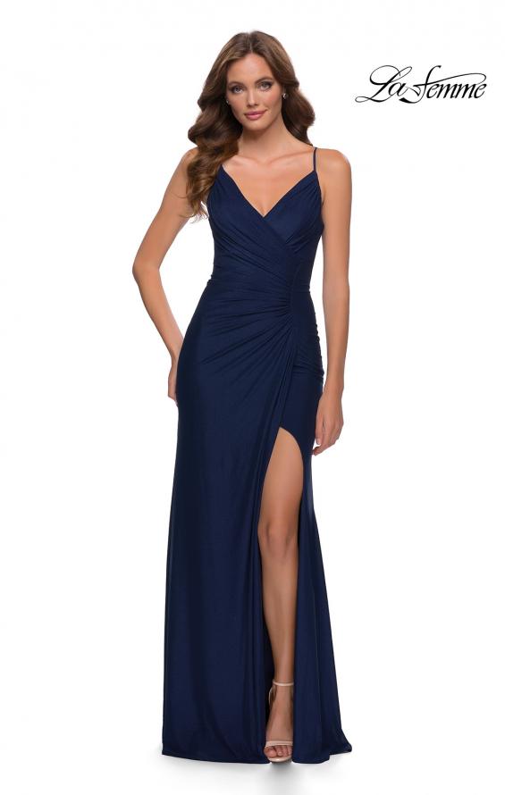 Picture of: Net Jersey Prom Dress with Ruching Across Front in Navy, Style 29736, Detail Picture 1