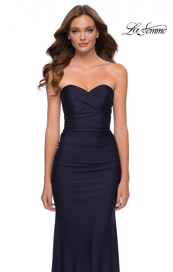 Picture of: Strapless Jersey Dress with Ruching and Full Back in Navy, Style 29851, Detail Picture 1