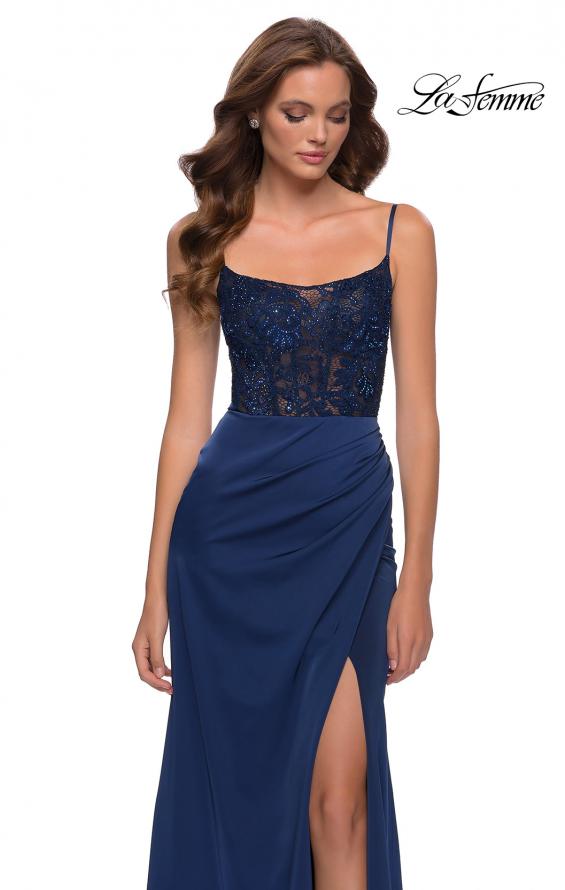 Picture of: Satin Dress with Sheer Lace Bodice and Slit in Navy, Style 29888, Detail Picture 1